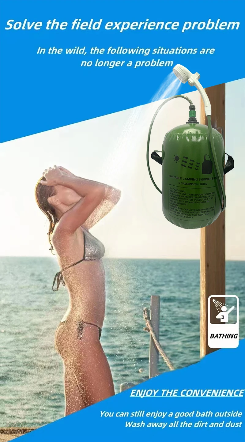 20l Hanging Shower Tote Bag Pvc Portable Outdoor Travel Solar Camping Shower Bag With Removable Hose Switchable Shower Head