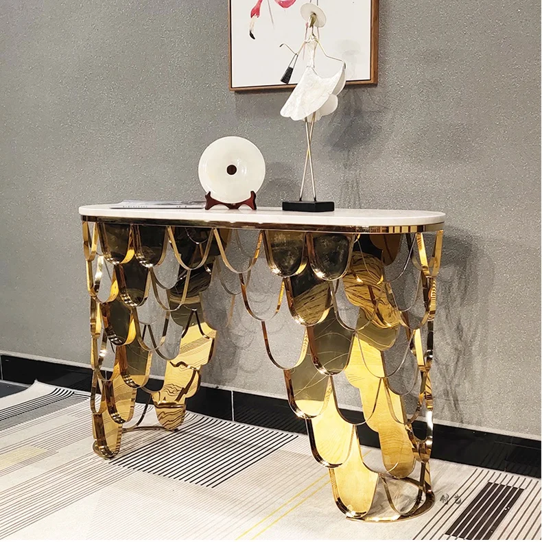 Modern Marble Top God Stainless Steel Fish Scale Console Table for Living Room Kitchen Entry House Gorgeous Corner Hallway Table