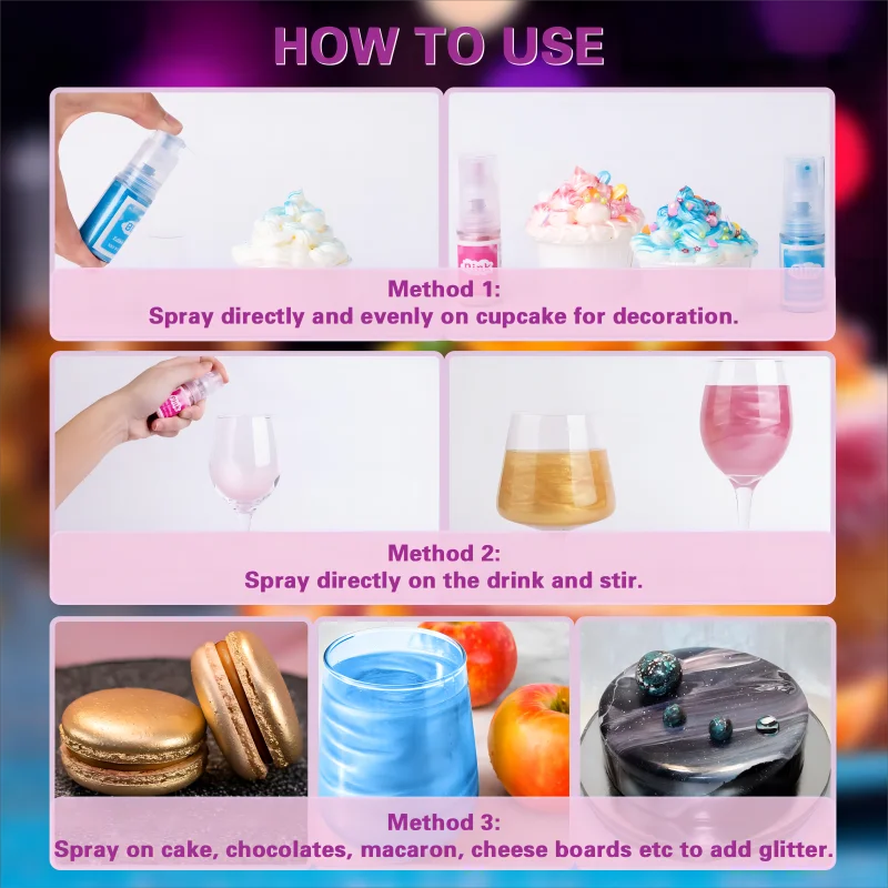 Edible Shimmer Dust Spray Pumps for Drinks Cocktails Beer Garnish Beverages and Baking