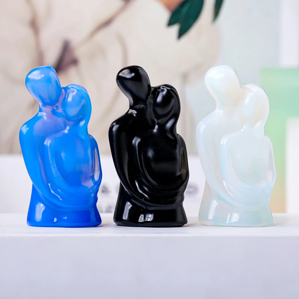Natural Crystal Handmade Obsidian Lovers Ornament Carving Crystal Couple Statue