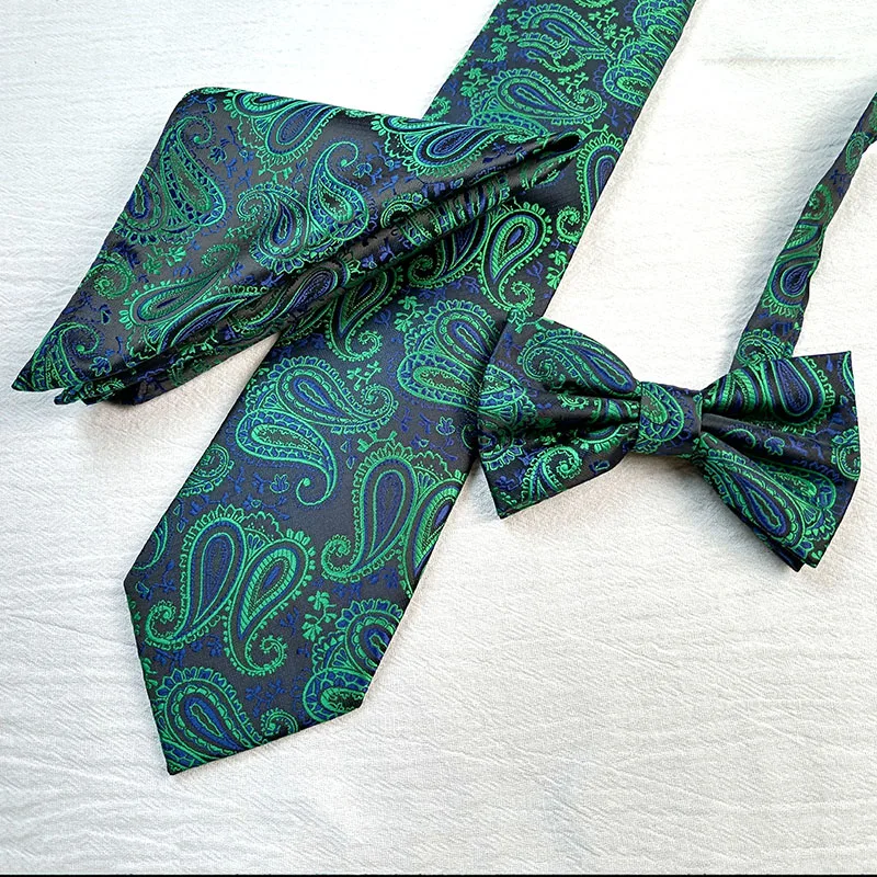 Mens Formal  Gift Tie Set Bow Tie Pocket Squares Men Black Color With Green Paisley Floral  Necktie  Set