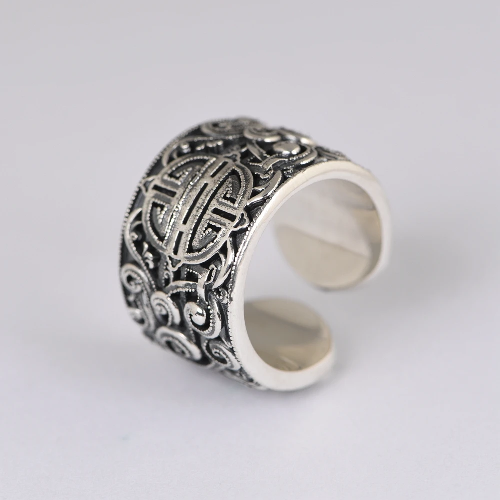 100% реальные 925 стерлингового серебра тайский серебряный Ретро Ruyi орнамент широкое открытые кольца с