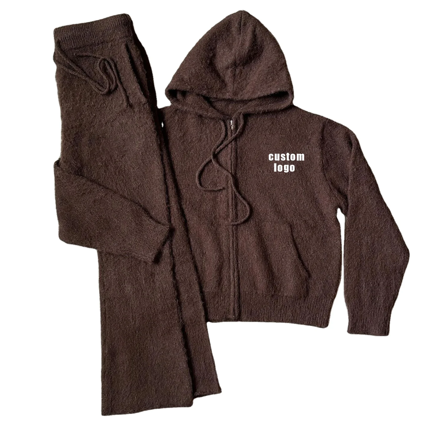 Custom Jacquard Logo Men Fuzzy Brushed Zipper Zip Up Hoodie Sweater and Sweat Pants Knit Mohair sweatsuits Set