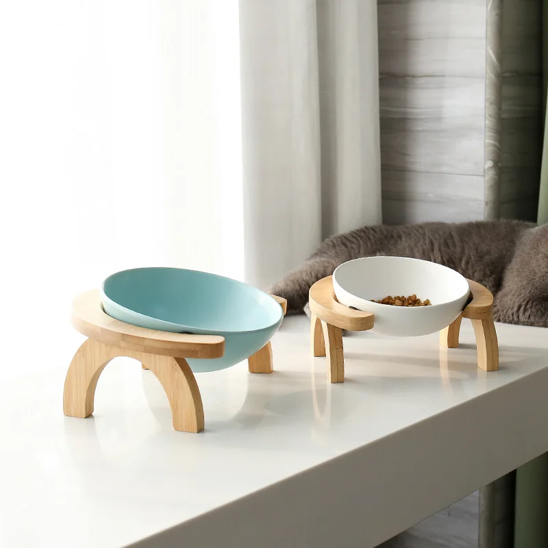 Ceramic Dog Bowl Pet Food and Water Bowl Pet Feeder Dog Bowl With Bamboo Stand Dog Dish Cat Dish