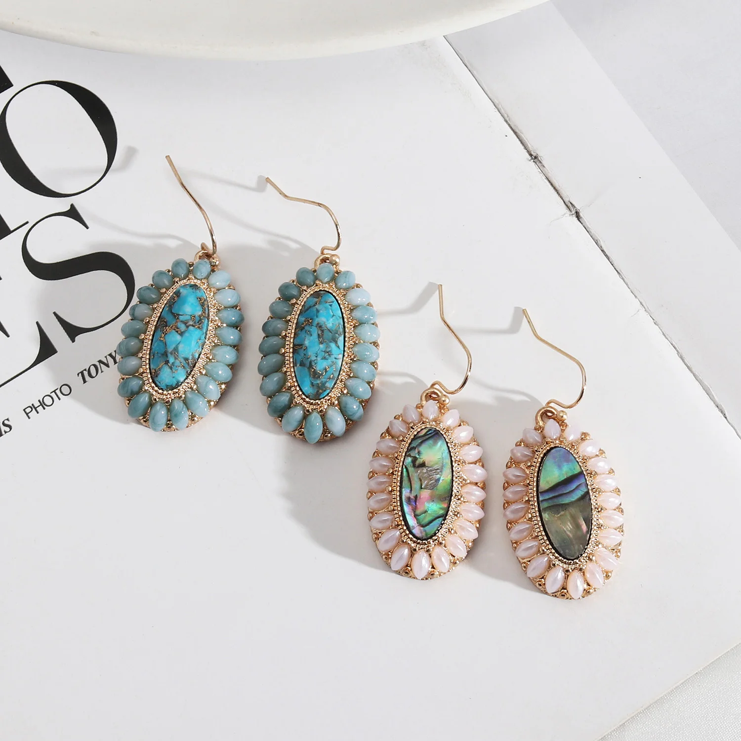 2022 New Bohemian Vintage Abalone Shell Geometric Oval Pearl Inlaid Turquoise Earrings For Women
