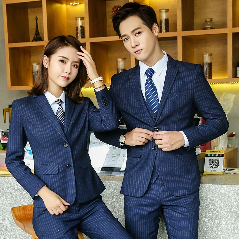 3 Piece Latest Style Women and Men Suit Design Business Stripe Slim Fit Women and Men Suit