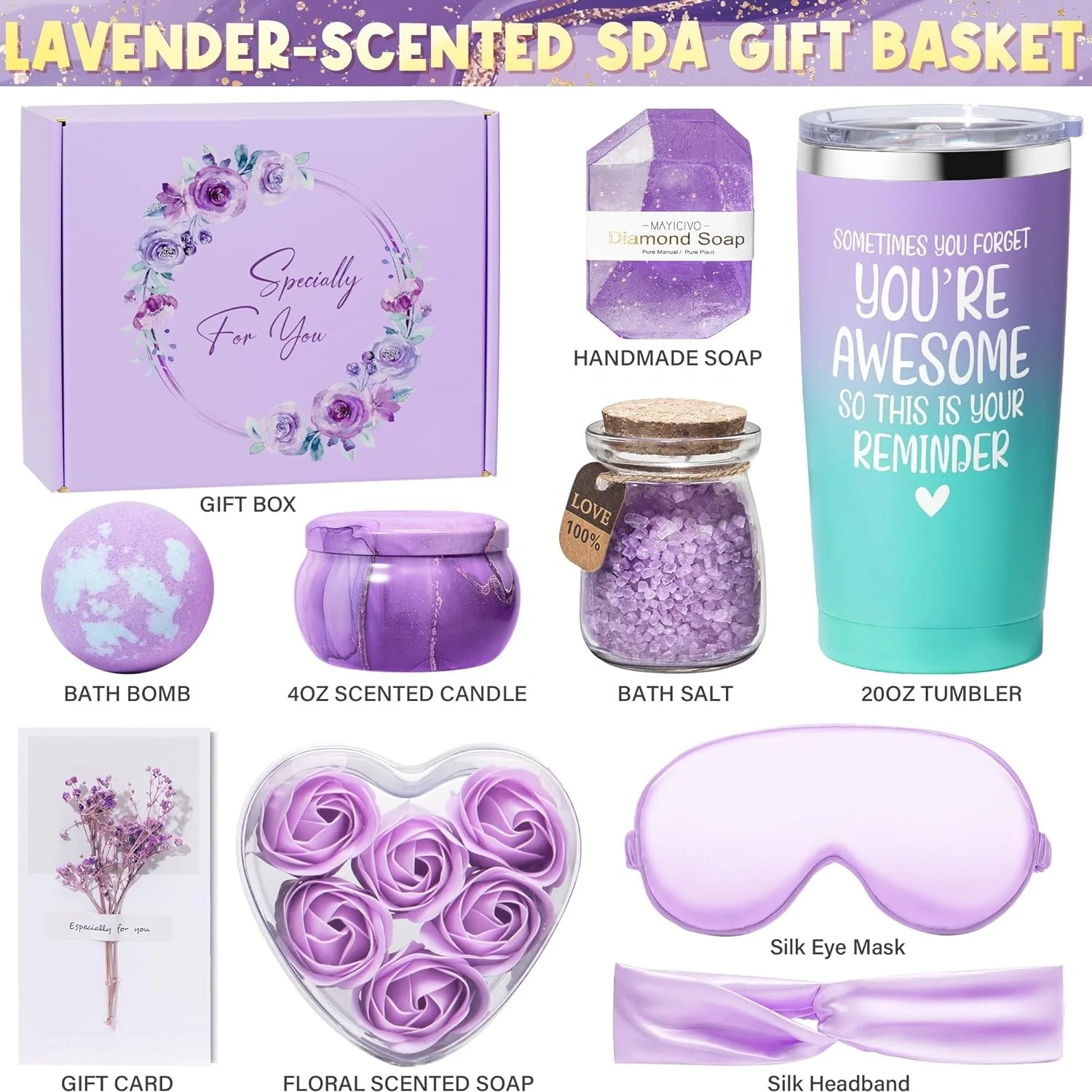 Custom Thank You Christmas Gifts Lavender Relaxing Spa Gifts Basket Women Self Care Tumbler Soap Candle Valentine Gift Box Set