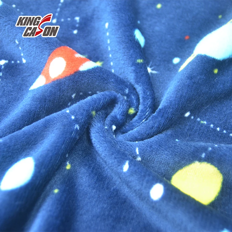 Kingcason OEM Custom Space Pattern Printed Blue Recycled 230gsm 240gsm 1.6m Coral Flannel Fleece Fabrics For Winter Home Textile