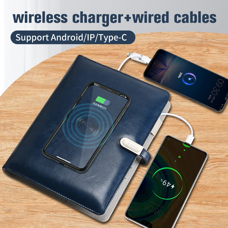 Brand A5 Quality Leather Notebook OEM Gift Set LCD Video Screen Jotter Diary Notebook Power Bank Charging Agenda Notepad