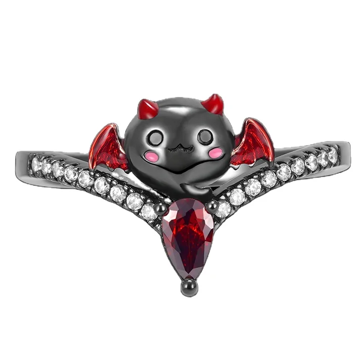 Wholesale Custom Logo Jewelry 925 Sterling Silver Enamel Jewelry Cute Animal Kids Jewelry Ruby Bat V Heart Rings