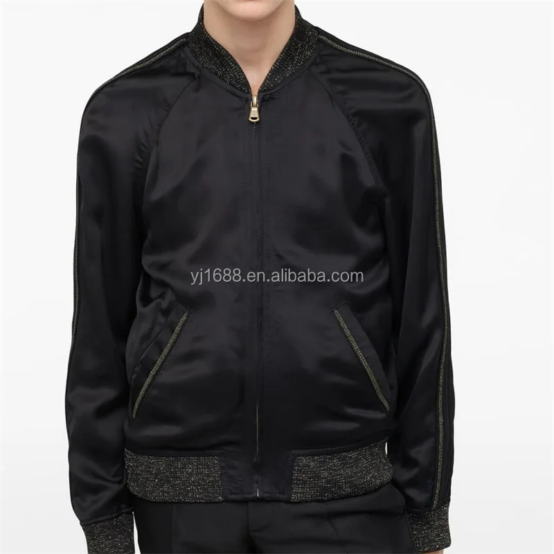 OEM custom streetwear polyester lining black casual varsity shell skull 100% silk bomber jacket for men