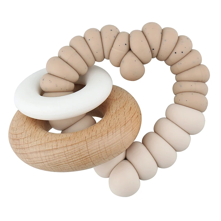 Top Ranking Suppliers Baby Teether heart shape Bracelet Wooden Teether Ring Nursing Safe Organic 2pc Bangle Silicone Teether Toy