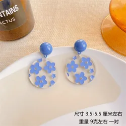 JUHU Blue flower transparent acrylic earrings simple sweet and lovely yellow plaid silver pin earrings all-match jewelry women