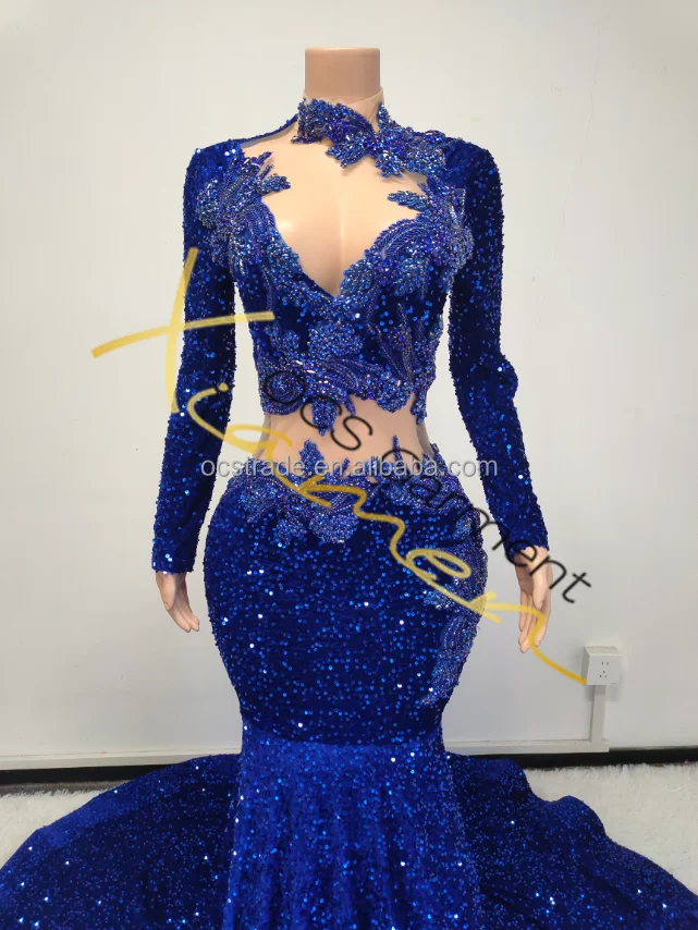 Ocstrade Dropshipping Products 2024 Crystal Beaded Navy Blue Rhinestone Prom Dresses Long Sleeve Sequin Chic Evening Dress