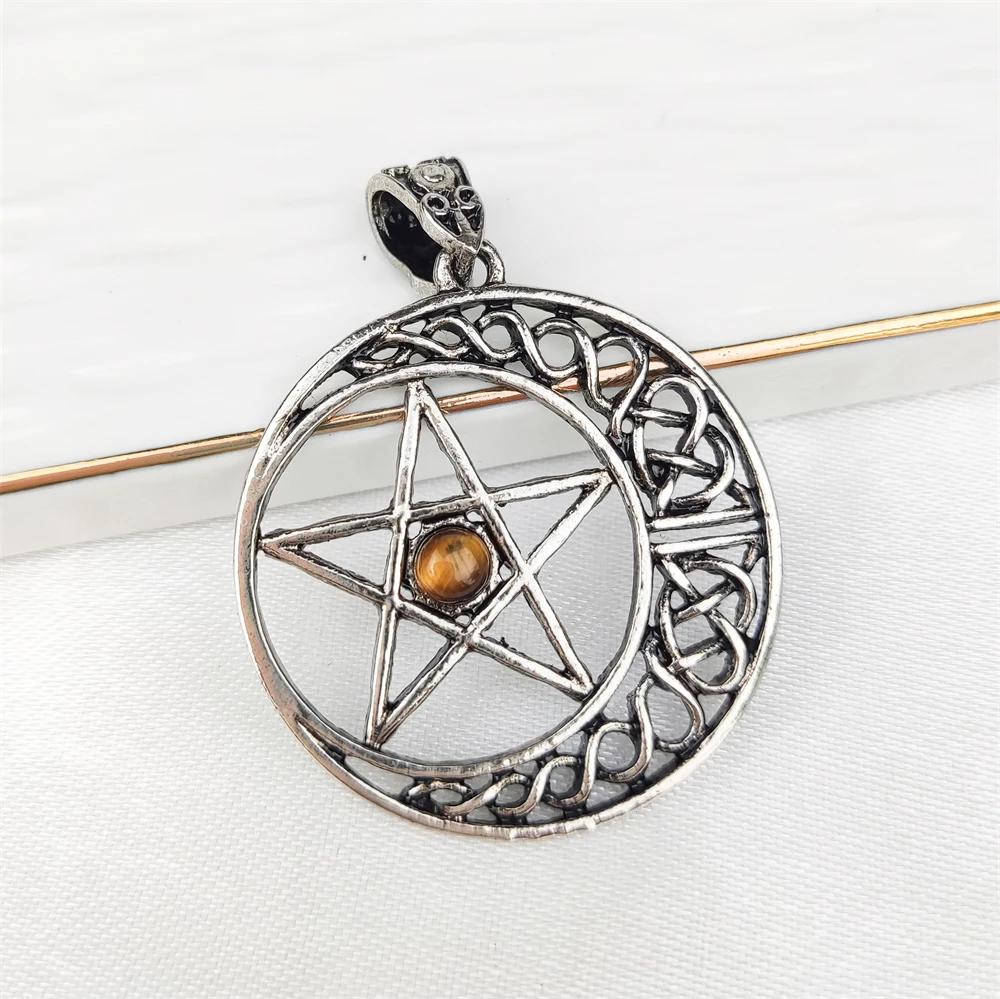 Manufacturer Retro Jewelry Antique Silver Moon Star Charms Amethyst Labradorite Tiger Eye Natural Stone Necklace Pendant for DIY