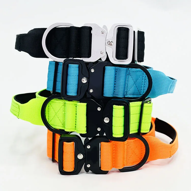 Heavy Duty Nylon Large Combat Dog Collars   Handle and Neoprene Padded with Lighter Metal Buckle