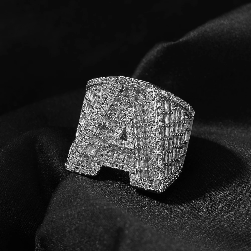 Hip Hop Custom Letter Finger Ring Hip Hop Square One Initial Letter Rings Baguette CZ Iced Out Customize Jewelry for Men Women