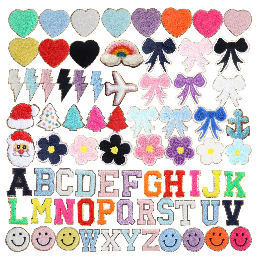 Keymay High Quality Personalized Embroidery Varisty Alphabet Letter Patch Sticker Self Adhesive Glitter Letter Patches Chenille