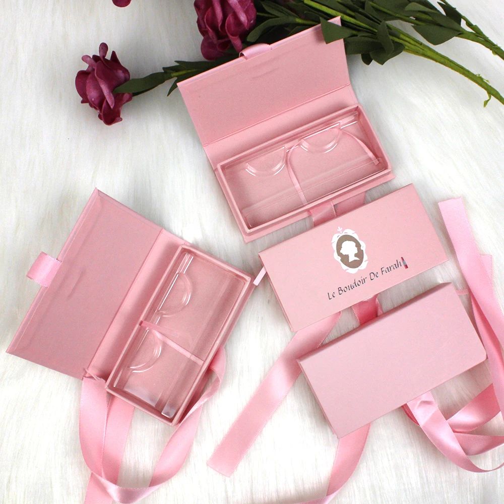 B627 false eyelashes packaging custom logo empty light pink eyelashes packaging box with ribbon wholesale