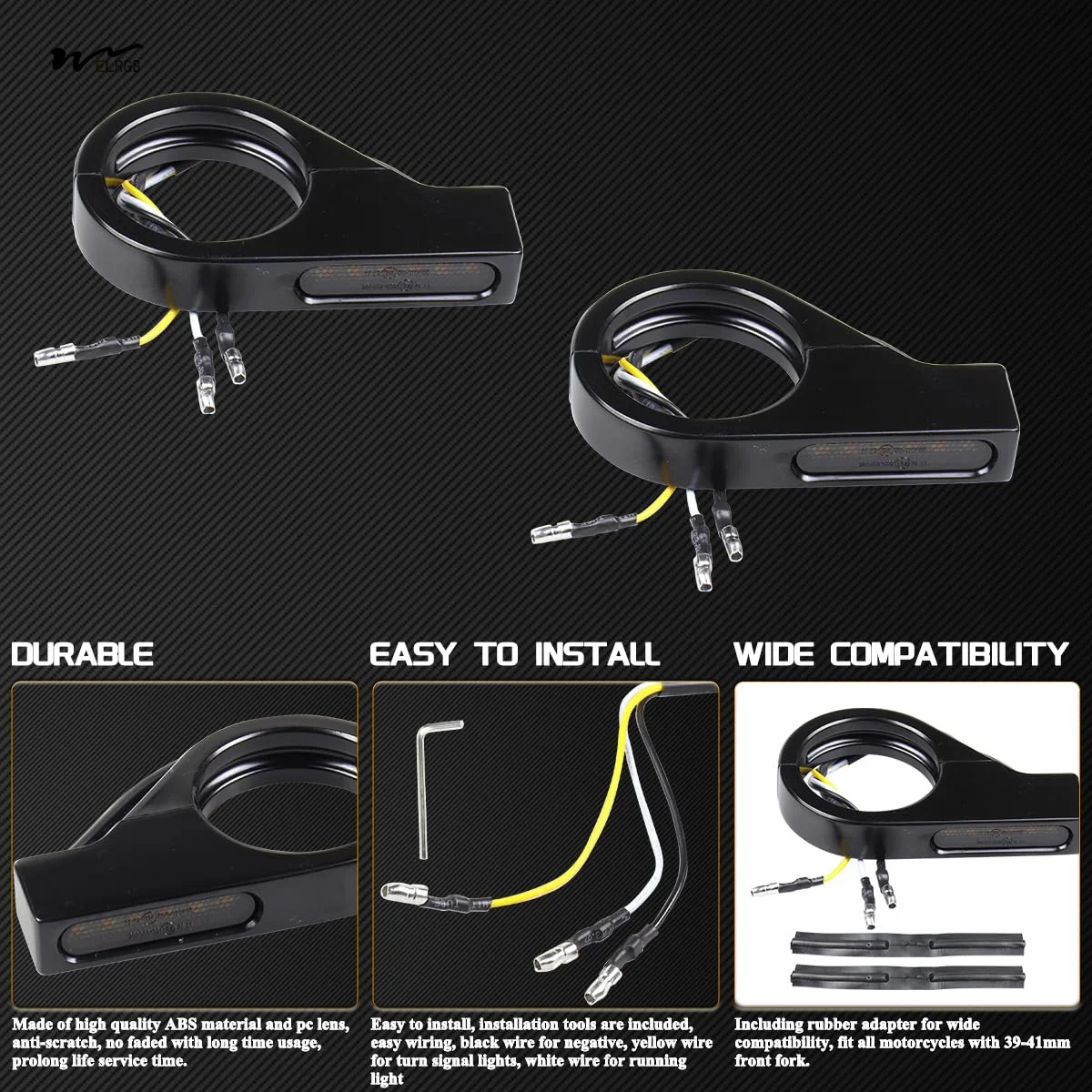 Motorcycle Front Fork LED Turn Signals Universal Sequential Switchback Running Lights 12V Amber Blinkers W/Mounting Bracket fit