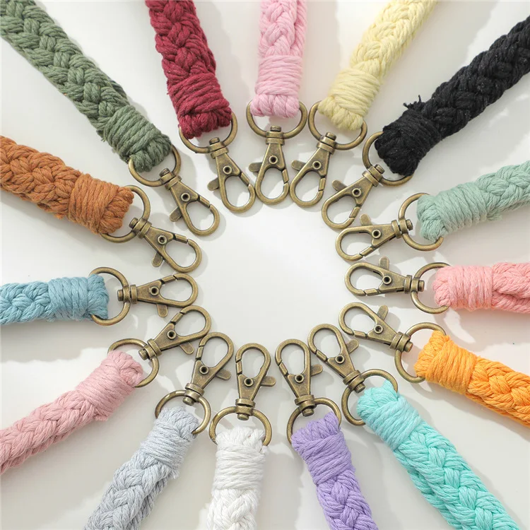 RW Customizable Solid Color Boho Woven Handmade Macrame Keychain Phone Lanyard Bracelet Cotton Rope Braid Bag Charm Pendant