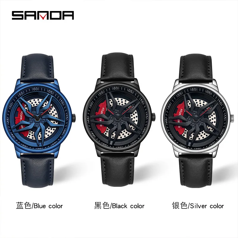 SANDA P1062 Wristwatch Car Wheel Watch Japan Movt Stainless Steel Back Power Rotating Wheel Car Quartz Watches Men Wrist