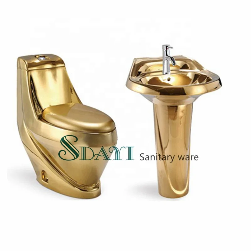 SDAYI Golden Toilet Sink Ceramic WC Royal Gold Pedestal  Bathroom Basin Washdown Plated Gold Color Toilet Set