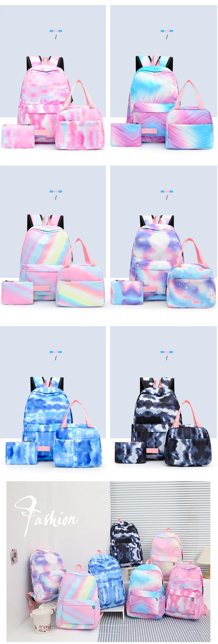 3pcs Set Girls OEM Waterproof School Backpack Lunch and Pencil Bag Included Oxford Style for Teenage Women Polyester Colorful