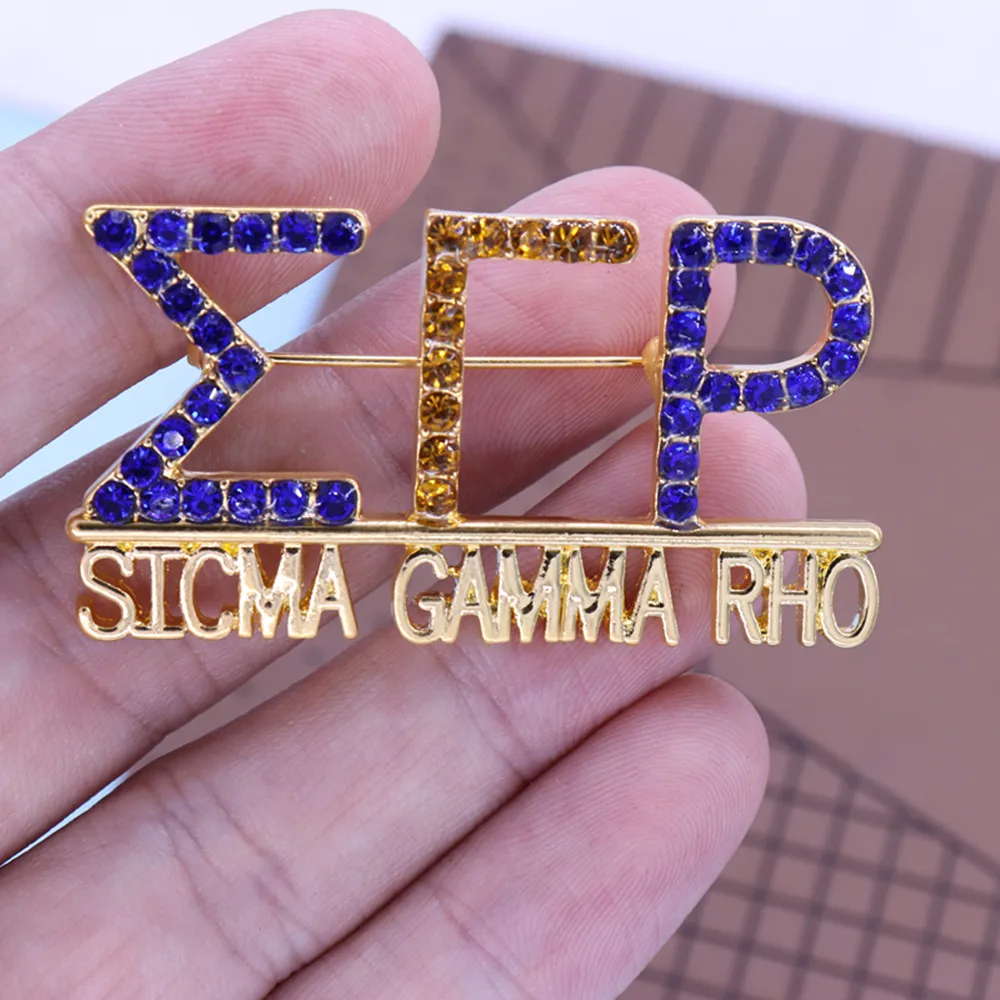 Metal Gold Plating Blue Yellow Diamond Inlay Greece Letters Sigma Gamma Rho Lapel Pin Sorority SGRHO Club Brooches Custom