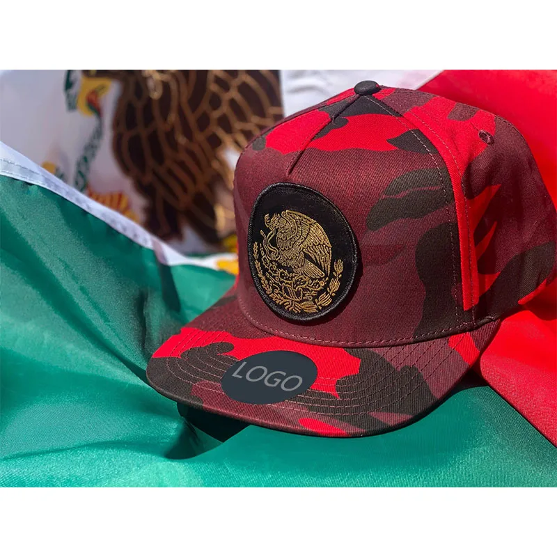 5 panel style Mexican Flag embroidered patch logo custom snapback hat puff printed hat red camo hat