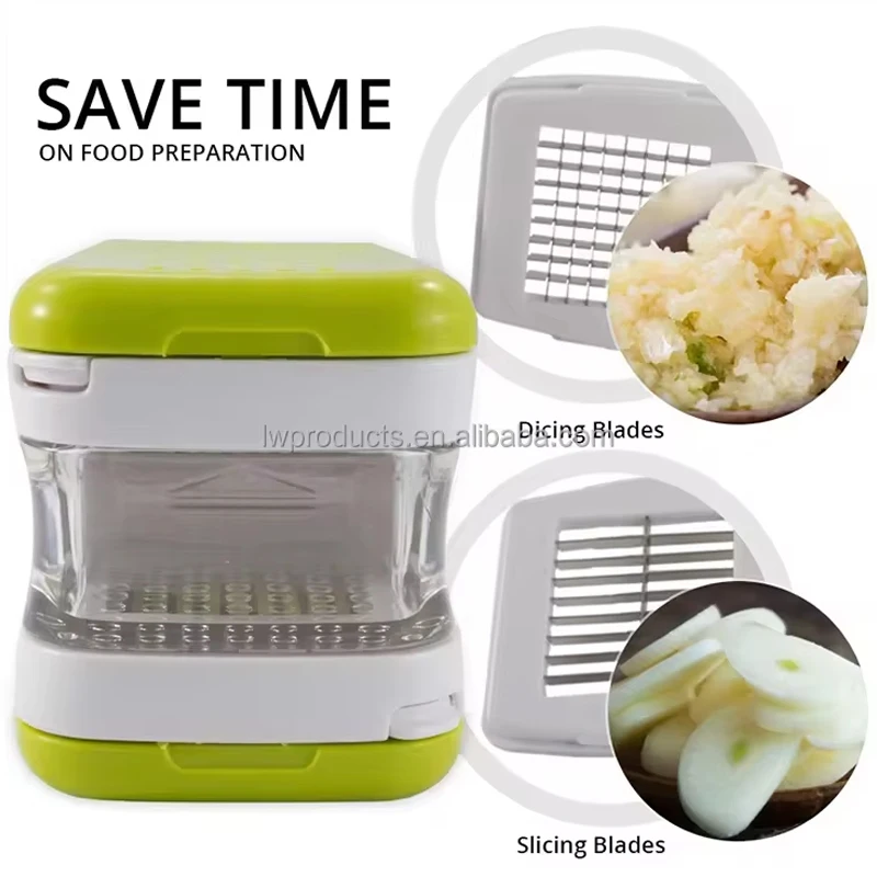 Kitchen Gadgets Garlic Pressing Tool Cutter Chopper Garlic Cube Dicer with Interchangeable Stainless Steel Dicing Slicing Blades