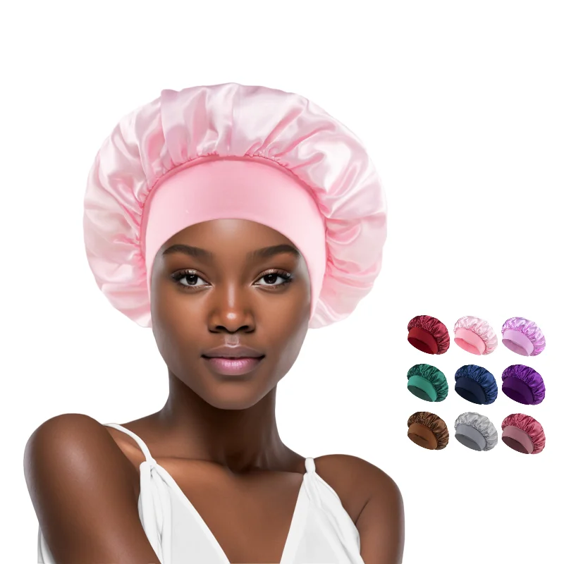 Wholesale Custom Logo Women Wide Elastic Band Shinning Silk Satin Night Sleeping Chemo Hair Bonnet Hat Cap