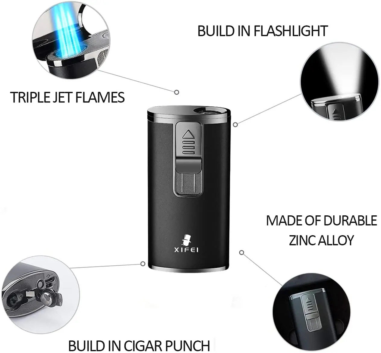 XiFei оптовая продажа USB перезаряжаемая Зажигалка для сигар с логотипом на заказ, заправляемая Бутановая Зажигалка с тройным пламенем