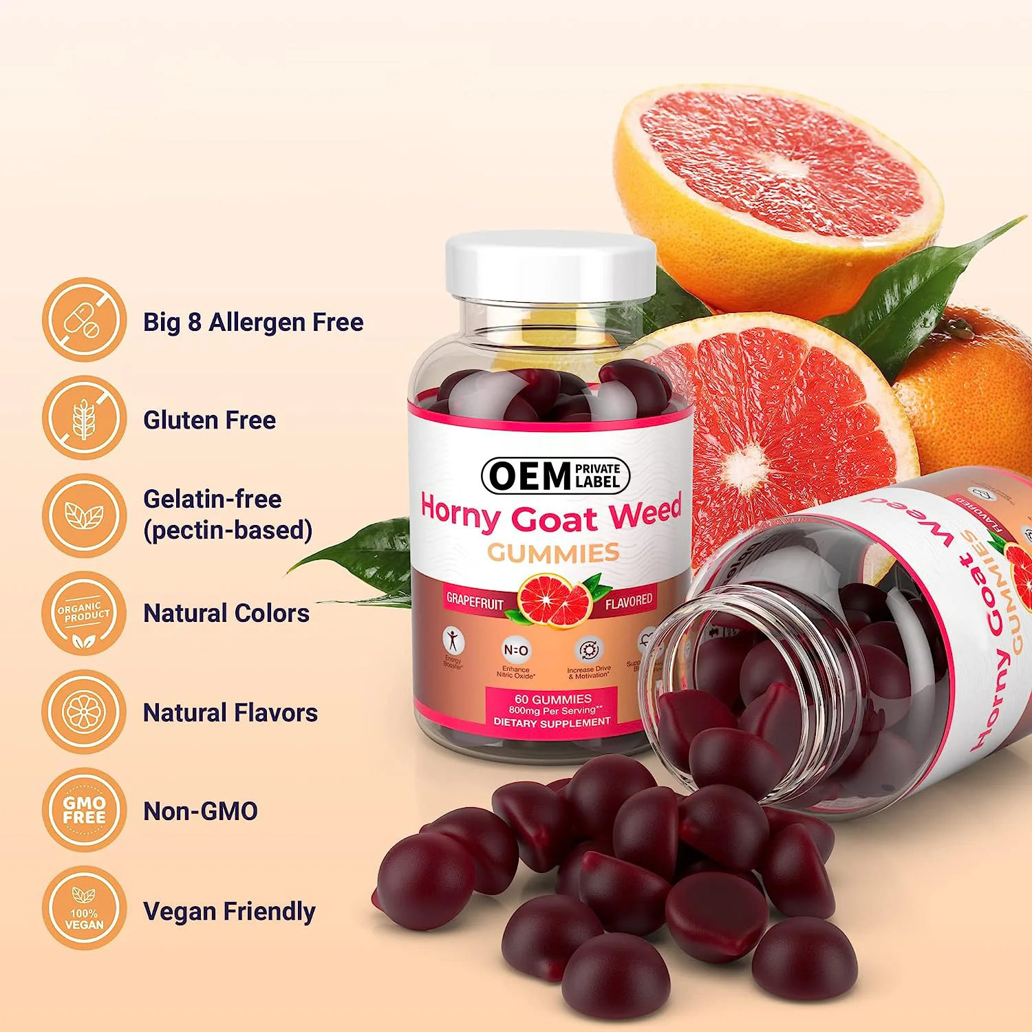 Potent Horny Goat Weed Extract Vegan Gummies Max Potency Chews 800mg for Performance and Stamina Natural Grapefruit Flavor