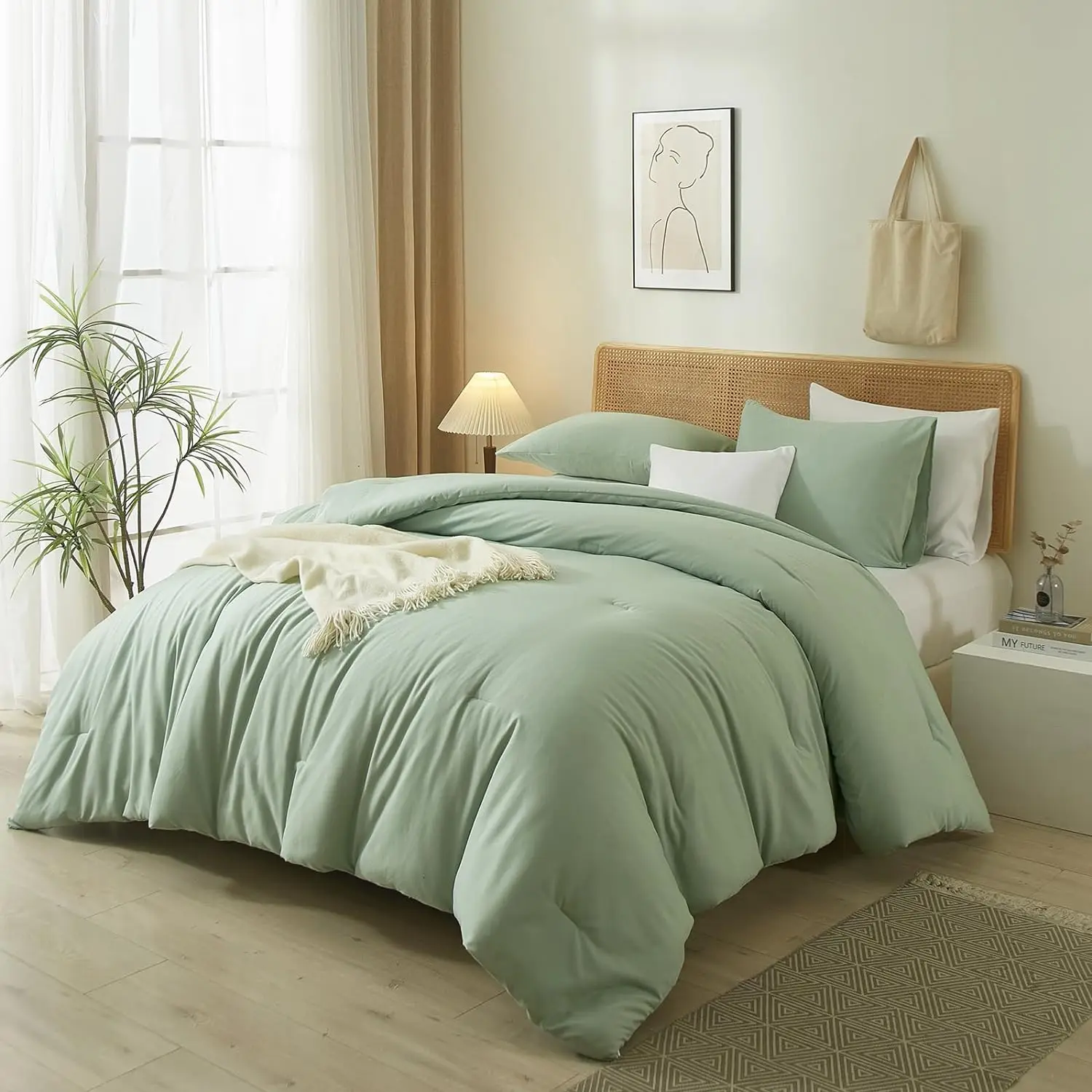 Пышное пуховое альтернативное одеяло 1 Бохо с 2 подушками Shams Queen Sage Green All Seasons набор для дома
