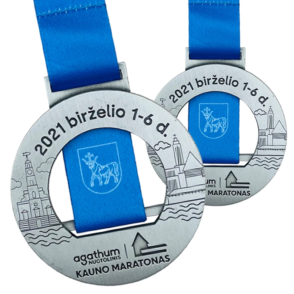 Factory Special Design Round Metal Logo Silver Medal Custom Souvenir Running Marathon Race Sport Medals With Blue Ribbon