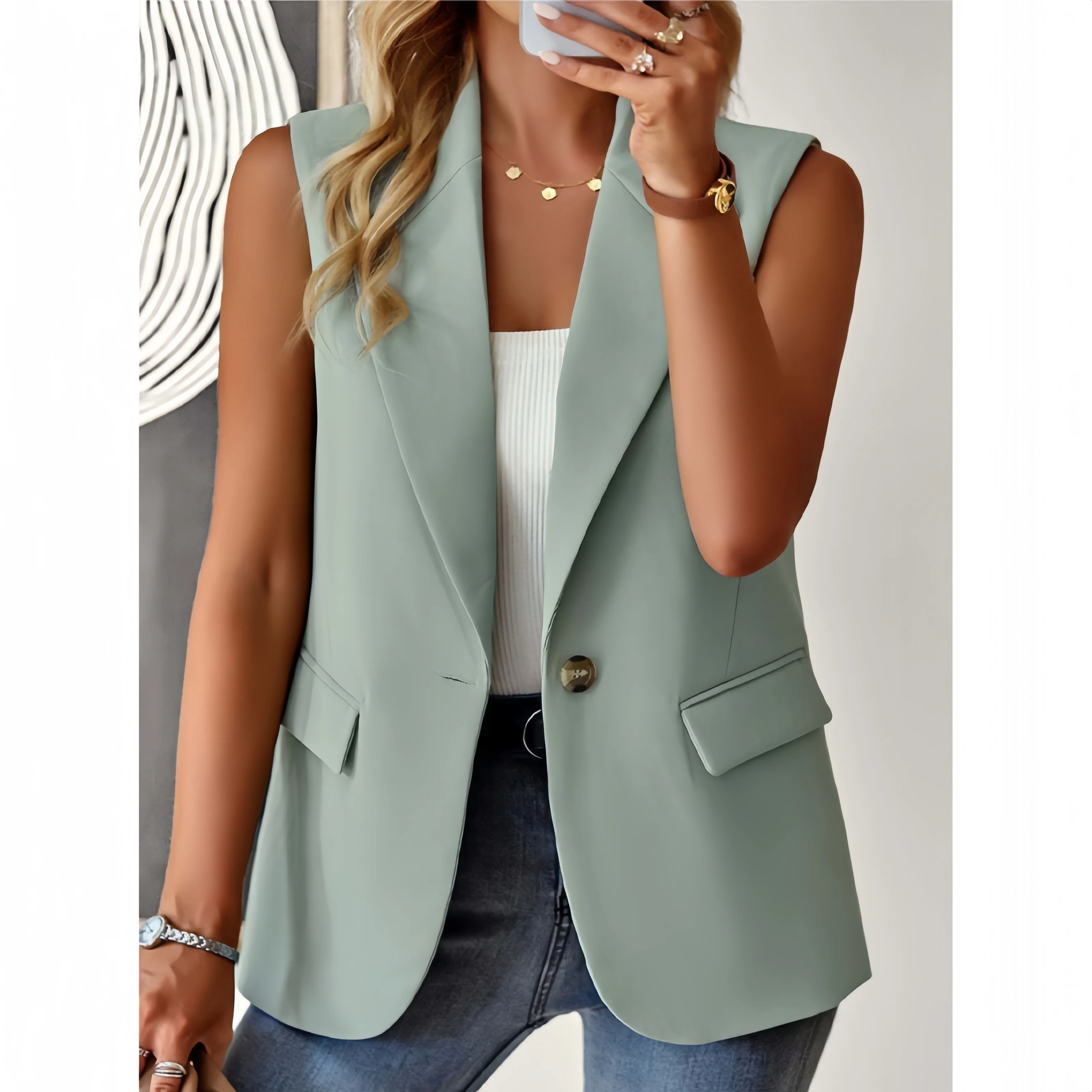 New Women High Quality Waistcoat One Button V-neck Solid Vest Top Female Office Blazer Fashion Cardigan Coat