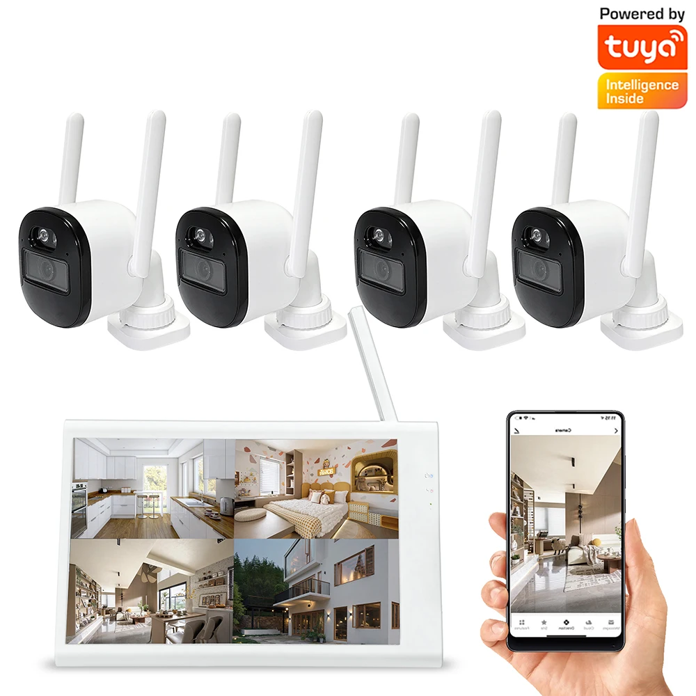 Factory Price, OEM ODM, 10in LCD, 3MP, Night Vision, Body Recognition, Two-Way Talk, IP66 Waterproof 4CH Wireless NVR Kit