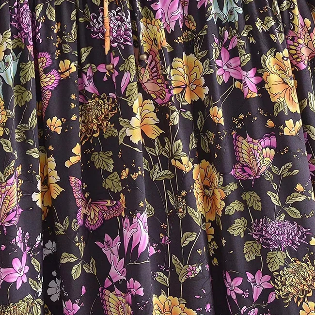 Customization Summer Bohemian Women Vacation Casual Breathable Loose Long Sleeve Midi Floral Dress