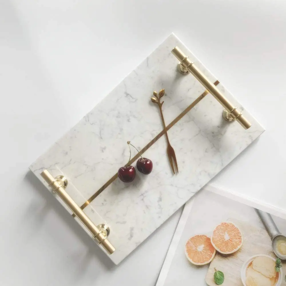 Сервисный поднос для отеля и дома из инкрустированной медной полосы, поднос из натурального мрамора, украшение для дома