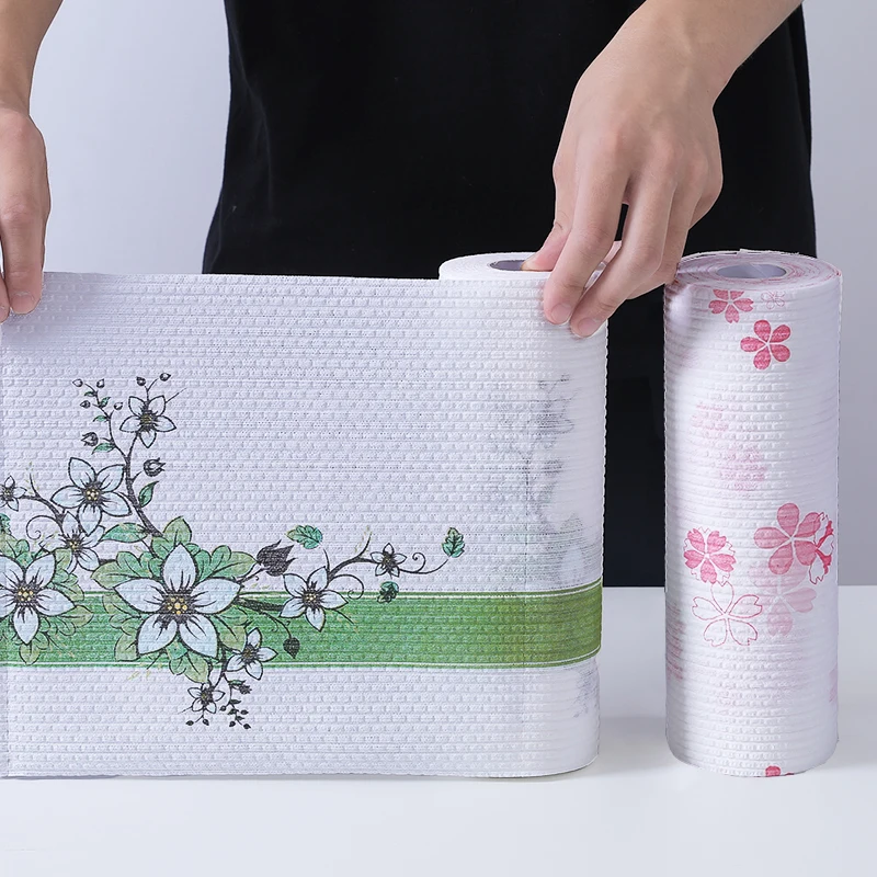 Low price nonwoven fabric printed disposable kitchen towels rags cleaning kitchen tissue roll paper towel