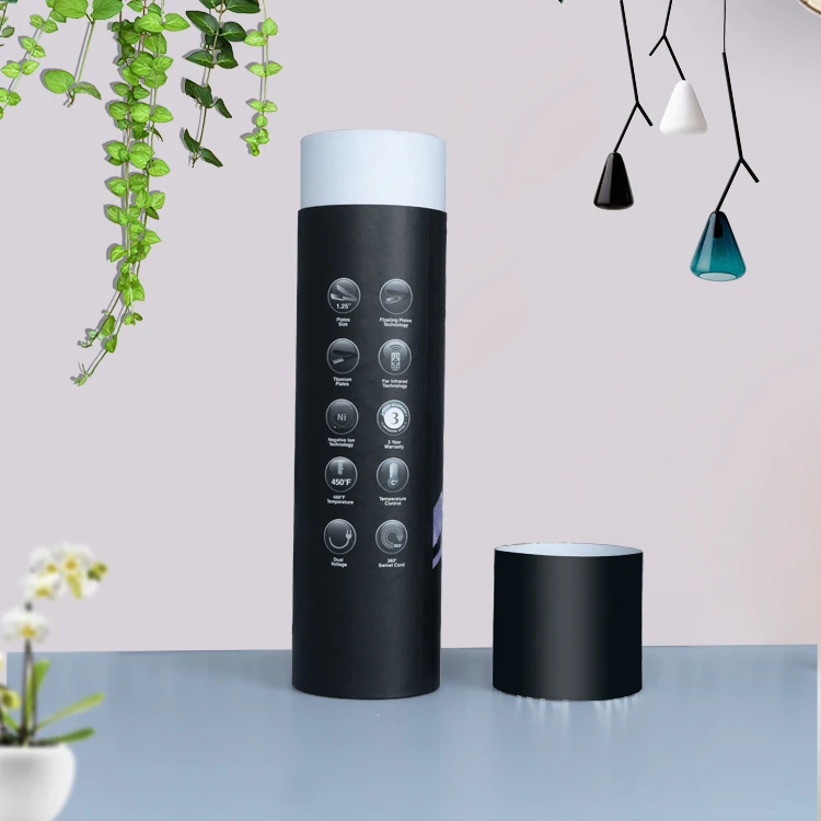 TOSUN Custom Black Paper Tube Hair Straightener Flat Iron Gift Cylinder Box Salon Hair Care Tool Packaging