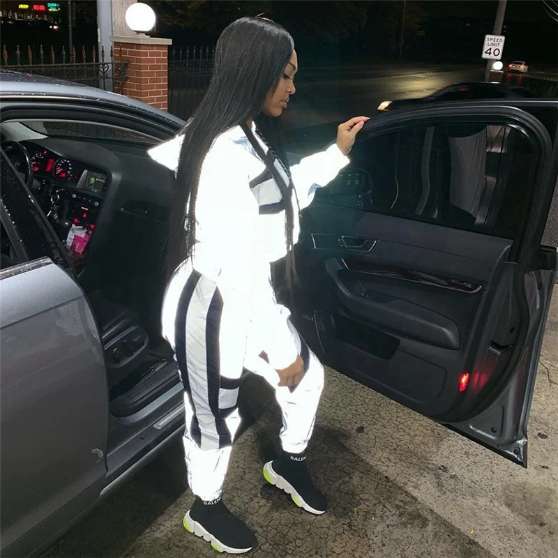 2021 New Fashion 2 Piece Women Zipped Jacket And Pants Ladies Matching Clothing Sets Reflective Set