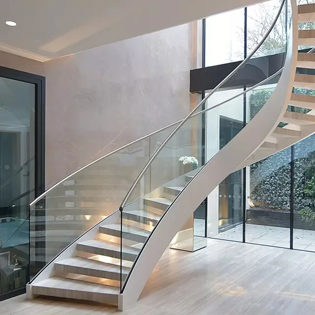 Modern luxury Villa Indoor Staircase Tempered Glass Railing Modern Curved Stairs Steel Staircase