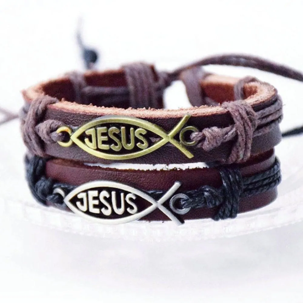 Retro trend leather Jesus fish simple jesus bracelet high quality jesus bracelet wwjd
