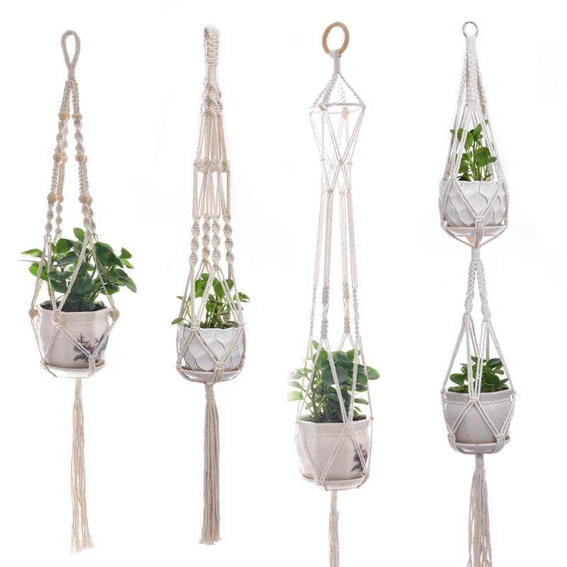 H507 Multi Style Woven Hemp Rope Planter Hang Up Road Slide Plant Hanger Cotton String Hanging Basket Flower Pot