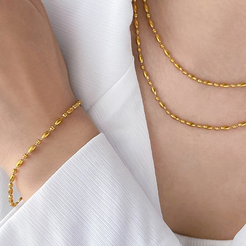 Beaded Necklace Bracelet Anklets Stainless Steel Jewelry Sets for Women ensemble de collier pour femme en acier inoxydable