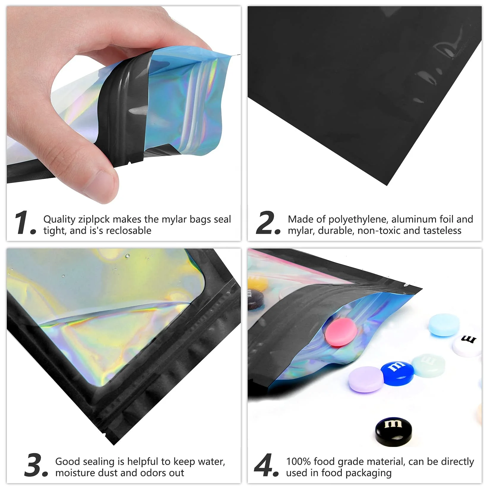 100 pcs Black Mylar Holographic Bags Packaging Bags Clear Resealable Smell Proof Bags