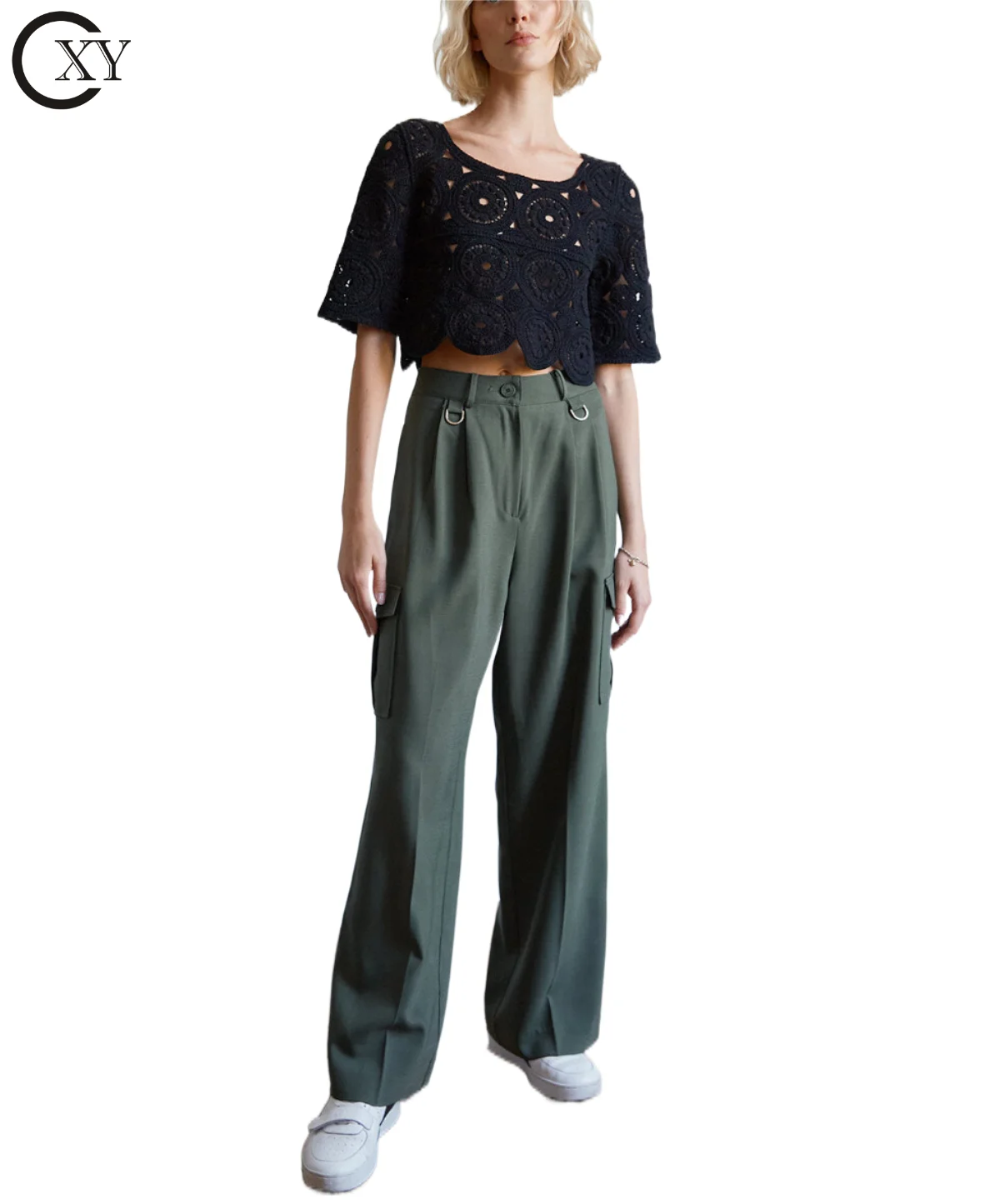 Chicest Woman Casual Soild Color Mid-waist Long Pants Featuring Patch Leg Multiple Pockets D-ring Cargo Pants for Women