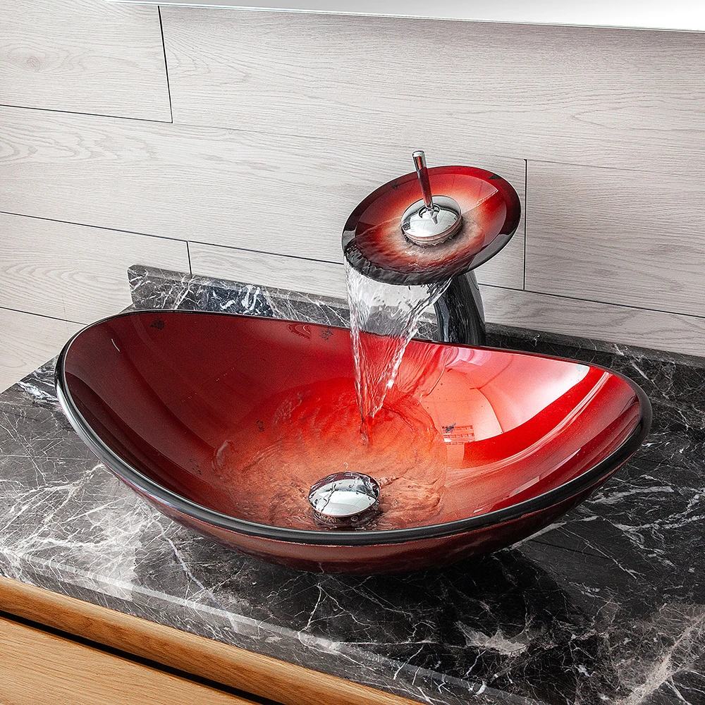 Foshan Supplier Cheap Sanitary Ware Glass Counter top Red Boat Oval Shape Washbasin